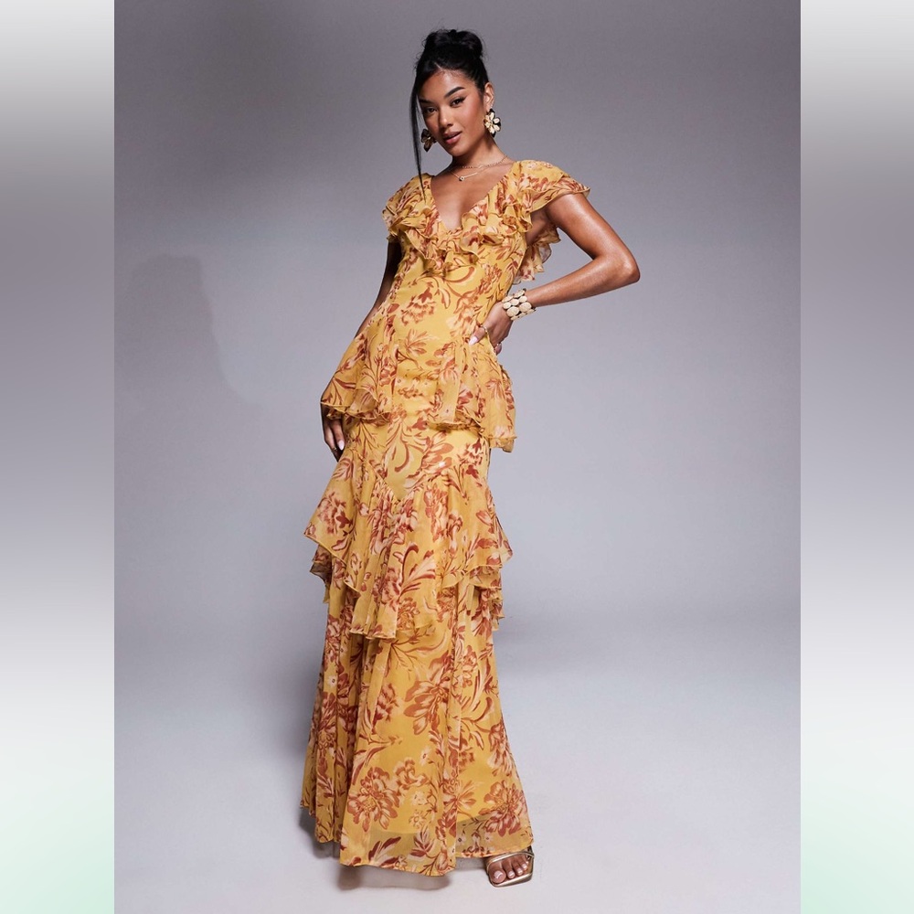 ASOS Design yellow flutter sleeve maxi dress